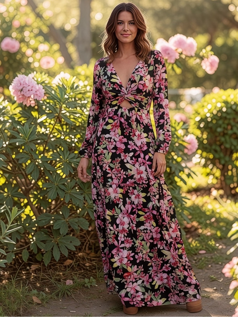 Roxy Floral Maxi Dress in Black, Pink & Green